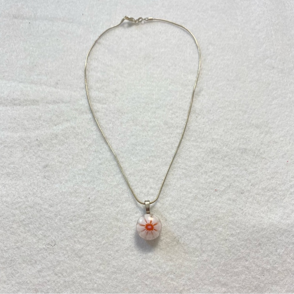 Sterling Silver Snake chain Orange Sunburst Fused Glass Pendant Necklace 16”Boho
